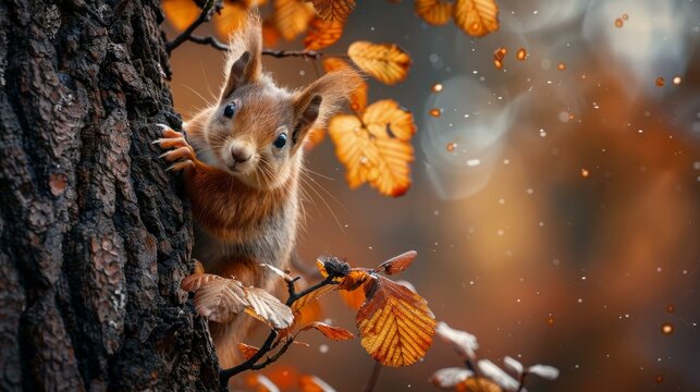 Curious red squirrel perched on a tree, its bushy tail and bright eyes capturing the essence of woodland curiosity, a snapshot of life in the forest, AI Generative