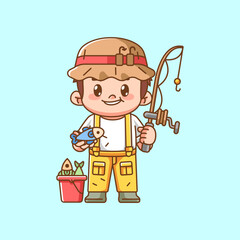 Cute fisher shows fishing kawaii chibi character mascot illustration outline style design
