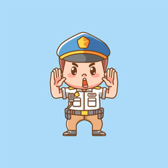 Cute police officer uniform hands up kawaii chibi character mascot illustration outline style design