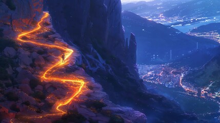 Illustrate a traditional oil painting of a lone, determined figure hiking up a luminous, winding path on the side of a mountain, with the city below as they strive for success - obrazy, fototapety, plakaty