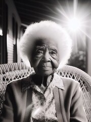 Portrait of an elderly woman sitting in a wicker chair.