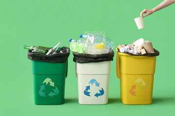 Female volunteer sorting trash and recycle bins on green background