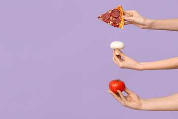 Many hands holding pizza slice, tomato and mushroom on lilac background