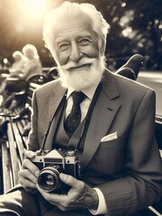Senior man with a vintage camera in the city. Vintage style.