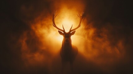 striking silhouette of red deer stag, foggy morning, isolated in mist, dreamlike, serene, gentle illumination from behind, AI Generative