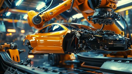 The intricate work of a robotic arm assembling a car captured in detail Highlight the interaction between machine and automobile, AI Generative