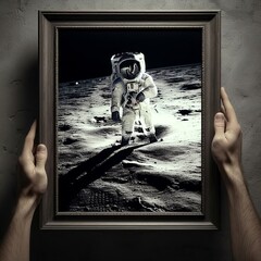 Astronaut in a frame in the hands of a man.