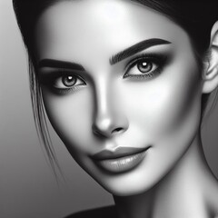 Fashion portrait of young beautiful woman with professional make-up. Black and white.