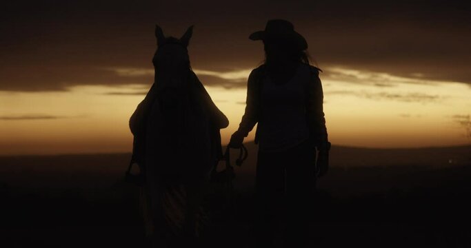 Silhouette, sunset and woman with horse in countryside or ranch with mockup space. Orange sky, nature and equestrian, animal or pet with cow girl walking outdoor, adventure and horizon with calm