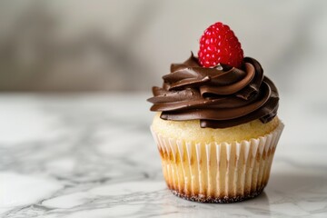 Delicious cupcake with raspberries on table