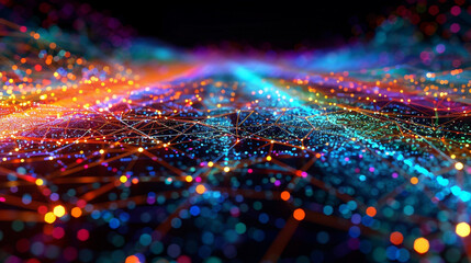 Colorful digital web, showcasing the interconnectedness and complexity of modern network connections on a technological ground. - obrazy, fototapety, plakaty