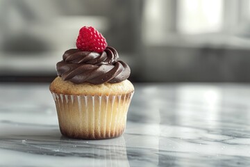 Delicious cupcake with raspberries on table