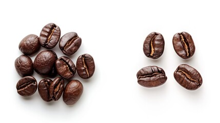 a cluster of roasted coffee beans is on a white background in the left side, in the style of intense close-ups, the right side is empty 