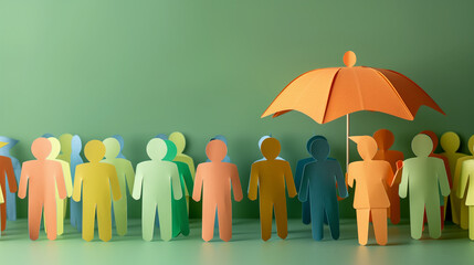 Colorful Paper Figures Under Orange Umbrella on Green Background