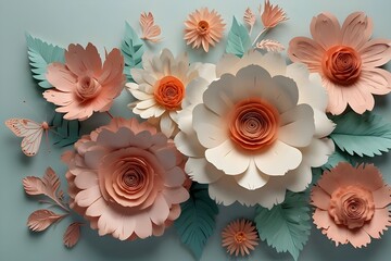 3d render, horizontal floral pattern. Abstract cut paper flowers isolated on white, botanical background. Rose, daisy, dahlia, butterfly, leaves in pastel colors. Modern decorative handmade design gen