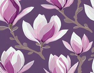 Beautiful blossoming magnolia flowers patterned on a purple background.