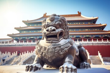 A statue of a lion stands proudly in front of a traditional Asian building. Generative AI