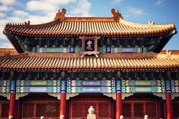 Fototapeta na wymiar A traditional asian building stands against a clear blue sky backdrop. Generative AI