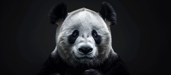 Close-up image of a panda bear against a dark black backdrop, showcasing its distinctive black and white fur - obrazy, fototapety, plakaty