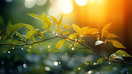 A branch of a tree with green and yellow leaves in front of a blurred background of green leaves and a bright yellow sun.