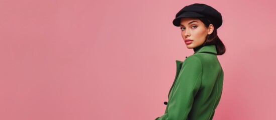 A stylish woman wearing a vibrant green coat and hat is striking a pose while getting her picture taken