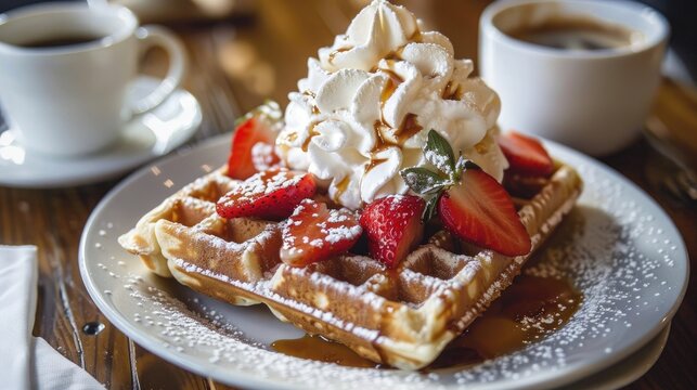 Waffles topped with whipped cream and strawberries alongside a cup of coffee on a table