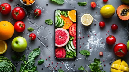 A still life of a smartphone on a table with fruits and vegetables.