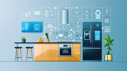 A smart kitchen with connected modern appliances and interface icons - 790478947