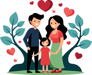 family with a child under a tree with hearts, stylized digital illustration
