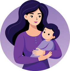 a woman holding a baby in her arms with a purple background