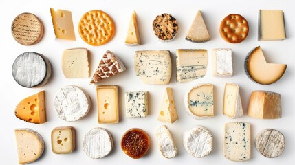 Traditional French cheese platter seen from above on white background - obrazy, fototapety, plakaty