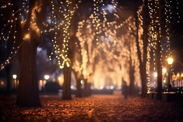 A park filled with numerous trees illuminated by strings of twinkling lights, creating a magical and festive atmosphere. Generative AI