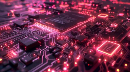 A close up of a computer circuit board with red glowing lights.