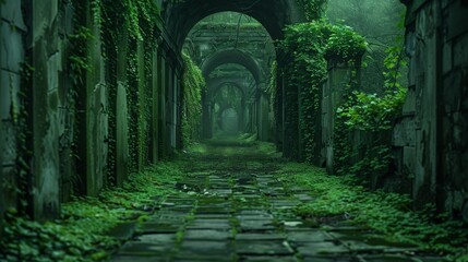 A long stone hallway with overgrown plants