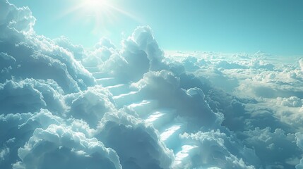 Stairway to heaven with sunlight streaming through billowing clouds in a bright blue sky - obrazy, fototapety, plakaty