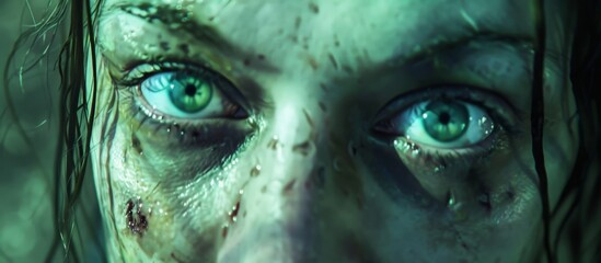 Close-up view of a woman showing her vivid green eye and a face smeared with blood after a mysterious event - obrazy, fototapety, plakaty