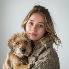 Close up portrait of smiling woman holding cute dog.