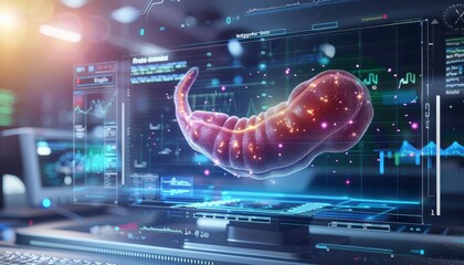 Pancreas testing results on digital interface in laboratory or surgical background, innovative technology in science and medicine concept. medical technology - obrazy, fototapety, plakaty