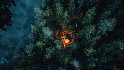Transform the essence of wilderness camping into a mesmerizing aerial view through drone photography, infused with pixel art for a unique and engaging perspective