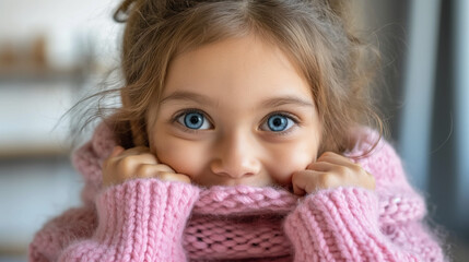 Childhood Whimsy: Young Girl Smiling in a Cozy Sweater - Happiness and Comfort Concept