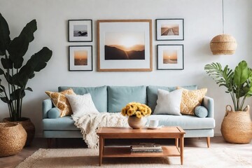 Summer living room decoration with a cozy sofa, pillows, coffee table, and frames in perfect composition with natural sunlight.
