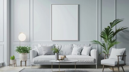 mock up poster frame in modern interior background, living room, Contemporary style, Living room wall poster mockup. Modern interior design.