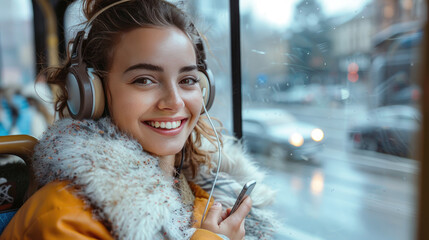 Smiling woman with wireless headphones and smart phone looking out through bus window
