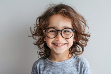 Fototapeta premium A child smiles with glasses on a plain background. Children's vision and eye health concept