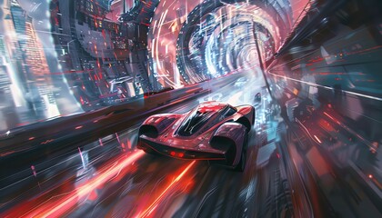 Craft a digital 3D rendering of a surreal car race through a twisted cityscape, incorporating gravity-defying angles and mesmerizing light effects