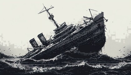 Craft a pen and ink drawing of a sunken ship in a pixel art style, symbolizing leadership resilience Incorporate unique glitch art elements to portray the vessel amidst a sea of challenges