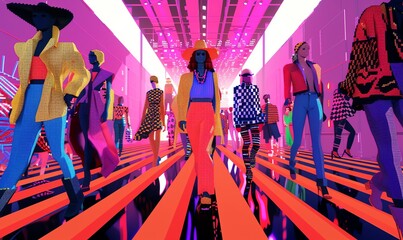 Craft a pixel art scene of a vibrant fashion show runway, pulsating with energy and bold patterns Showcase diverse models showcasing eclectic, trendy clothing pieces in a dynamic, eye-catching present