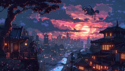 Design a composition featuring phoenixes and yetis investigating a glowing cityscape at dusk, portrayed in detailed pixel art with dynamic lighting effects