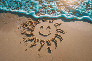 A happy smiling sun drawn in sand on a summer beach