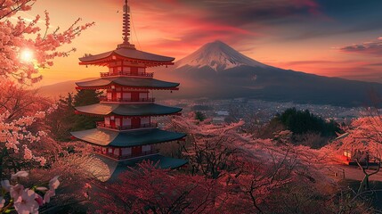 Fujiyoshida, Japan Beautiful view of mountain Fuji and Chureito pagoda at sunset, japan in the spring with cherry blossoms. copy space for text. - obrazy, fototapety, plakaty